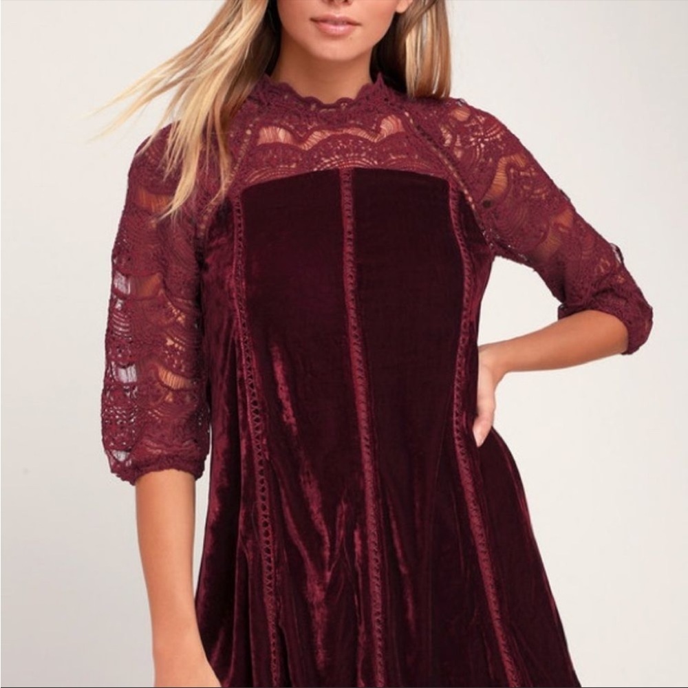 Luluβs Love Me Always Burgundy Crocheted Lace Velvet Shift Dress